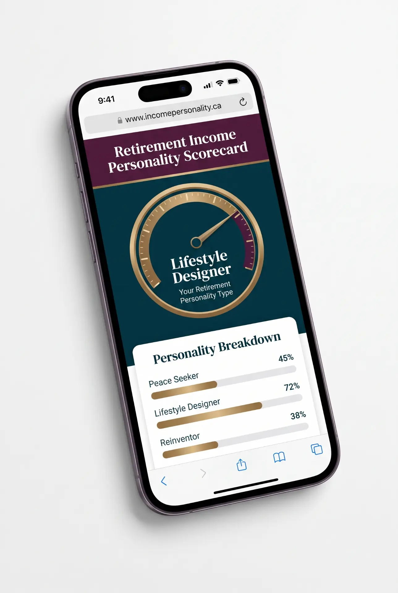Retirement Income Personality Scorecard result shown on a smartphone
