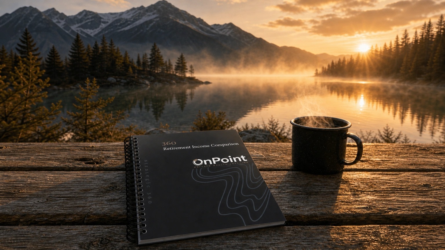 360 Retirement Income Comparison guide shown on a notebook beside a coffee cup with a mountain lake sunrise in the background