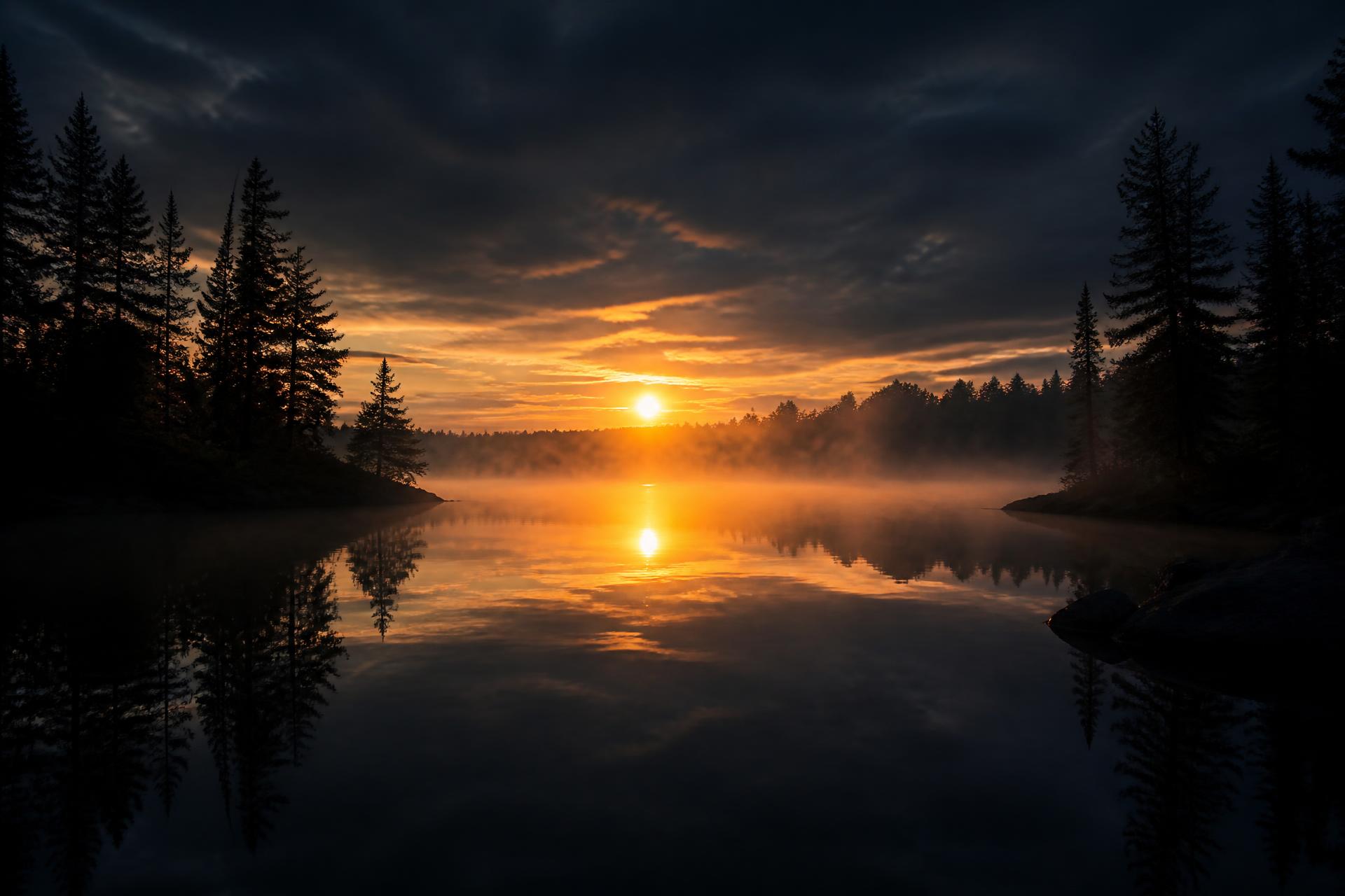 Golden sunrise breaking over a misty, glassy Canadian lake framed by pine silhouettes