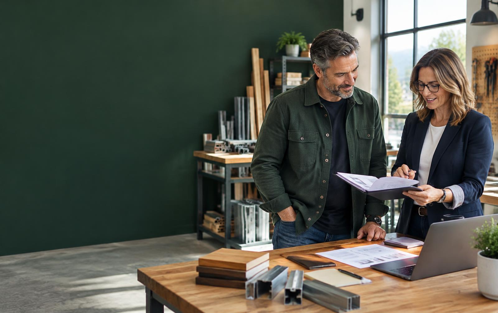 Business owner reviewing a financial plan with an advisor in a workshop office