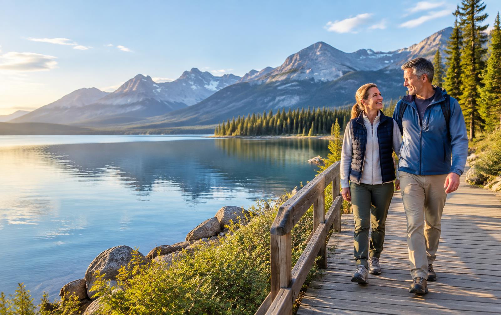 Couple enjoying a lakeside walk in the Canadian mountains